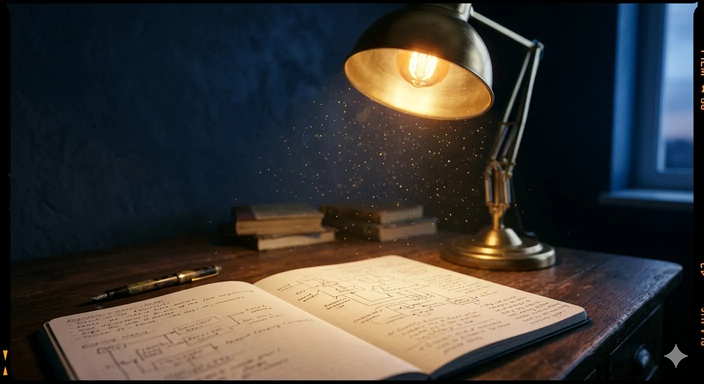 Notebook of handwritten business rules and diagrams under a brass desk lamp