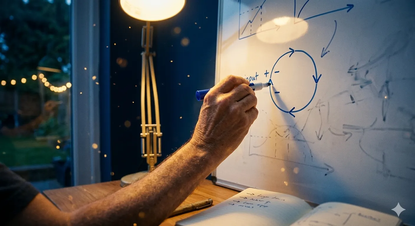Hand sketching a business process flowchart on a whiteboard in a lamp-lit office at dusk
