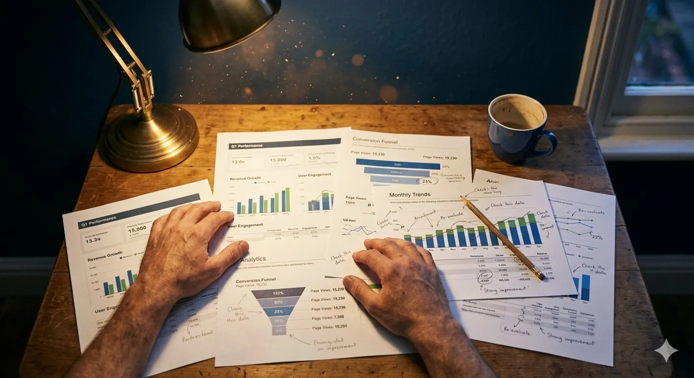 Printed business reports and bar charts spread across a desk beside a coffee cup